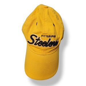 VTG NFL Pittsburgh Steelers Baseball Cap Reebok Strap Back Cursive Yellow Hat